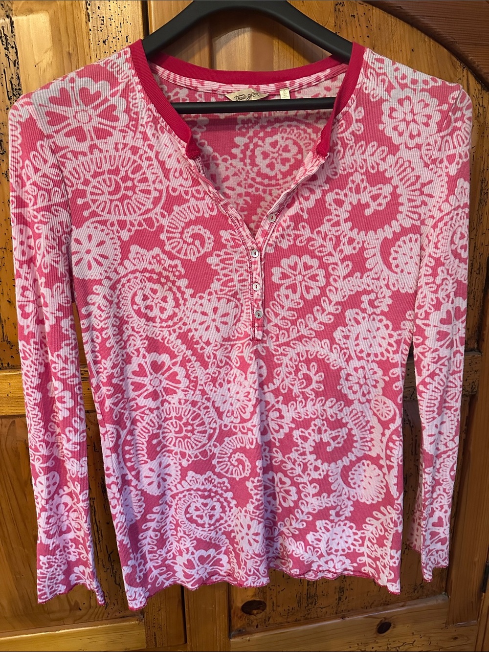 True Grit Hot Pink and White Floral Henley Top